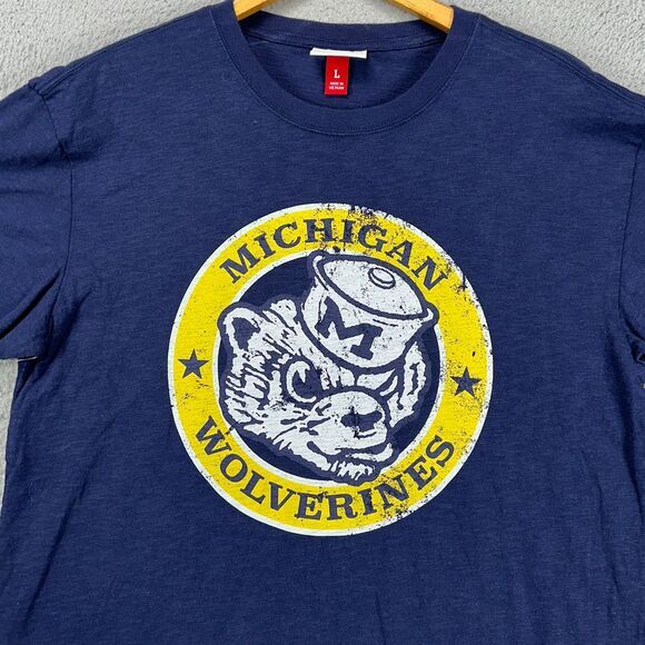 Michigan Wolverines Shirt Adult Large Blue Crew Neck Tee Mens Mitchell Ness NEW